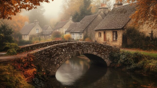 Stone bridge crossing a river in bibury village on a foggy autumn day