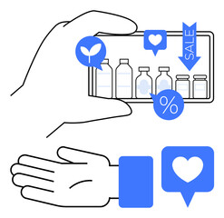 Hand holding a smartphone displaying bottles, sale tags, and social media icons, and extended hand with heart icon. Ideal for online shopping, e-commerce, health, wellness, discounts mobile apps