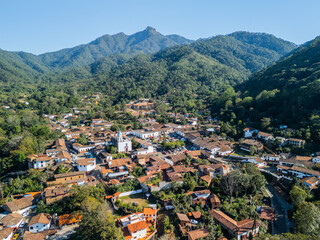 Obraz premium Aerial View of the Magical Town of San Sebastian del Oeste in the Jalisco State, Mexico. Old Mining Town