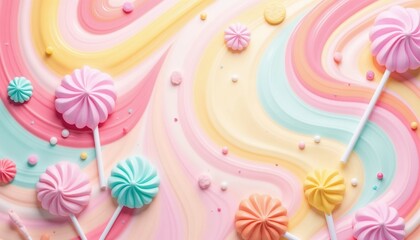 Colorful candy swirl background with lollipops and meringues creating a playful dessert theme  