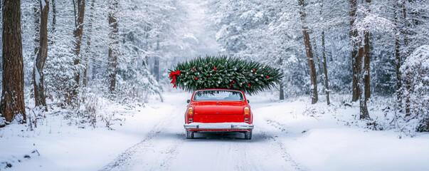 Classic car transporting Christmas tree through snowy forest