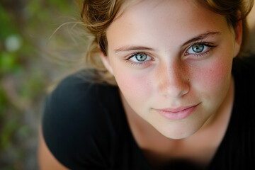 Fototapeta premium Young girl with striking blue eyes enjoying nature