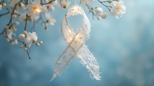 Delicate White Awareness Ribbon Bow with Filigree, Hope, Resilience, and Solidarity for Cancer and Rare Diseases