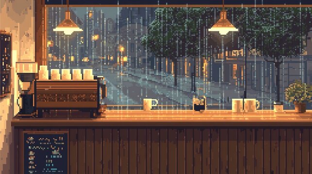 Cozy pixel art cafe interior with rain on window, warm lights.