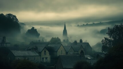 Fog is covering a small village with a church in the english countryside