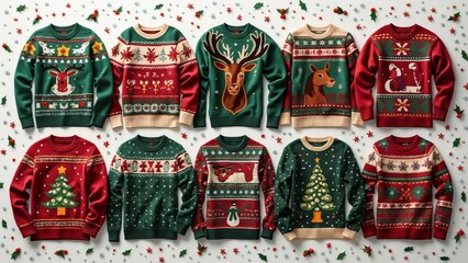 Obraz premium Nostalgic Christmas Sweaters, Festive Holiday Knitwear Collection in Vibrant Muted Tones