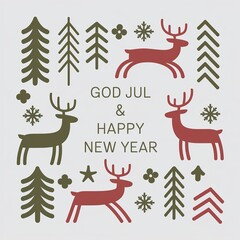 Fototapeta premium Scandinavian Christmas and New Year Greeting Card Design featuring geometric reindeer, stylized evergreen trees, and 