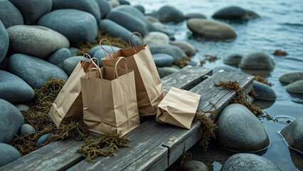 Abandoned Paper Shopping Bags on Weathered Wooden Dock at Low Tide, Surrounded by Grey Rocks and Seaweed, Muted Blues and Greens, Soft Organic Textures, Gentle Erosion of Natural Elements