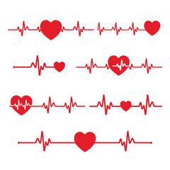 Heart beat icon set. Heart shape with pulse line. Vector illustration