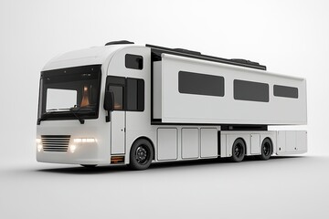 Modern luxury RV on white background, spacious design, 3D render.