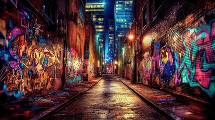 Obraz premium Vibrant urban alleyway adorned with colorful graffiti.