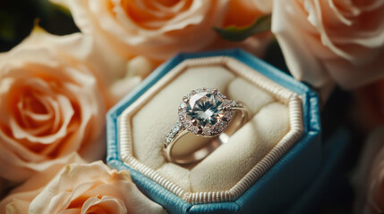 Timeless Love: Engagement Ring with Gemstone in Box Surrounded by Roses