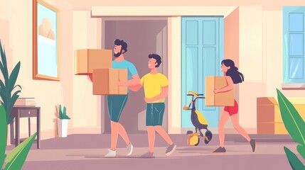 Happy family moving into new home, carrying boxes.