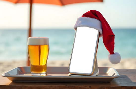Mockup for text blank smartphone screen in the Santa hat standing on the podes with a glass of beer on sea background. Christmas holidays