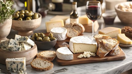 Fototapeta premium A Gourmet Cheese And Bread Platter With Olives And Wine