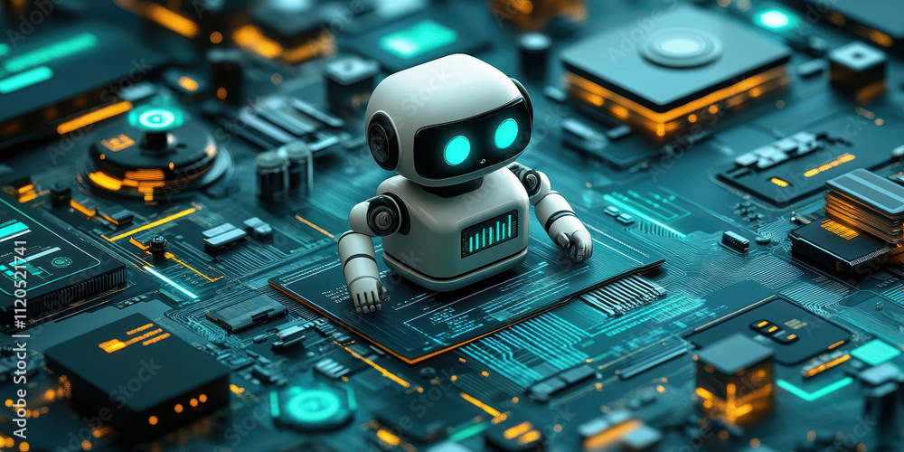 Poster ai robot on circuit board illustrating technology in startup ecosystem for efficient content managem
