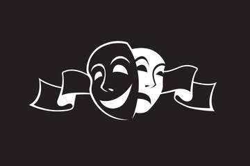 icon of comedy and tragedy theatrical masks with ribbon isolated on black background