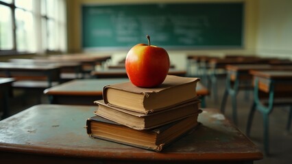 Nostalgic School Classroom, Lone Apple on Stack of Vintage Textbooks