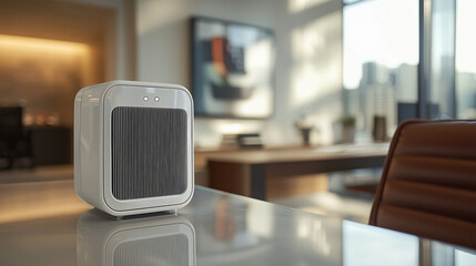 Compact electric heater on a desk in the office