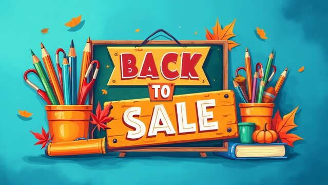 Vibrant Back-to-School Sale Banner, Modern Retro Design with Autumnal Hues and School Supplies