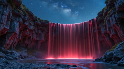 Crimson Waterfall in Ancient Stone Amphitheater Under Starry Night Sky