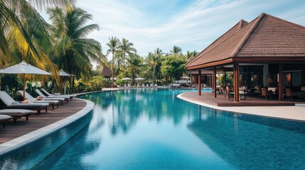 Fototapeta premium Tranquil Resort Swimming Pool Surrounded by Palm Trees and Luxury Cabana in Tropical Paradise Setting