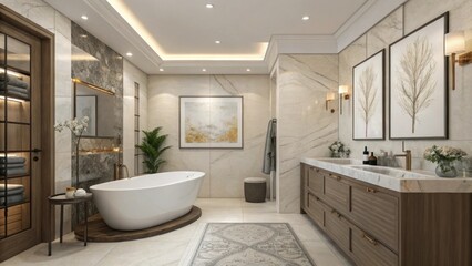 Chic art pieces adorned with neutral colors complement the bathrooms calming ambiance ensuring that each detail contributes to a cohesive design. The overall result is a balanced