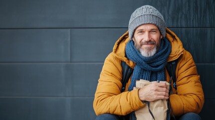 Fototapeta premium Cheerful elderly man with gray beard and winter hat smiling while sitting on a city street in autumn