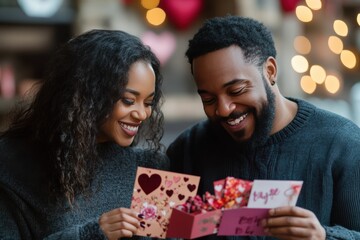 Fototapeta premium Couple shares joy while reading Valentines Day cards together in a cozy setting