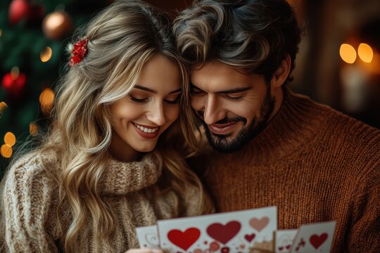 Couple exchanging heartfelt Valentines Day cards in cozy setting