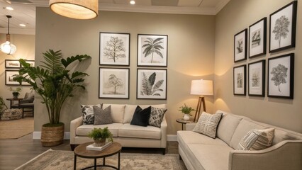 A gallery wall featuring monochromatic prints and framed artworks that evoke a sense of calm within a softtoned living area.
