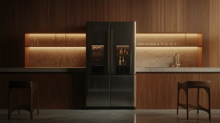 Modern kitchen featuring a sleek refrigerator and elegant wooden cabinetry with ambient lighting.