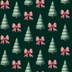 Obraz premium christmas tree and pink bow surface pattern. Dark green seamless background 