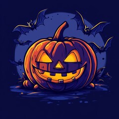 Glowing jack-o'-lantern with bats and moon.