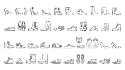 Collection of different shoe icons in outline style on a white background, showcasing a variety of footwear styles. Vector illustration