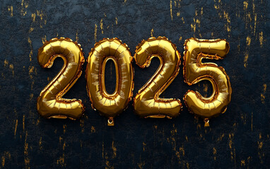 Bold "2025" typography made of glittering gold balloons with a festive party background, vibrant and celebratory. Ideal for New Year and event-themed designs.

