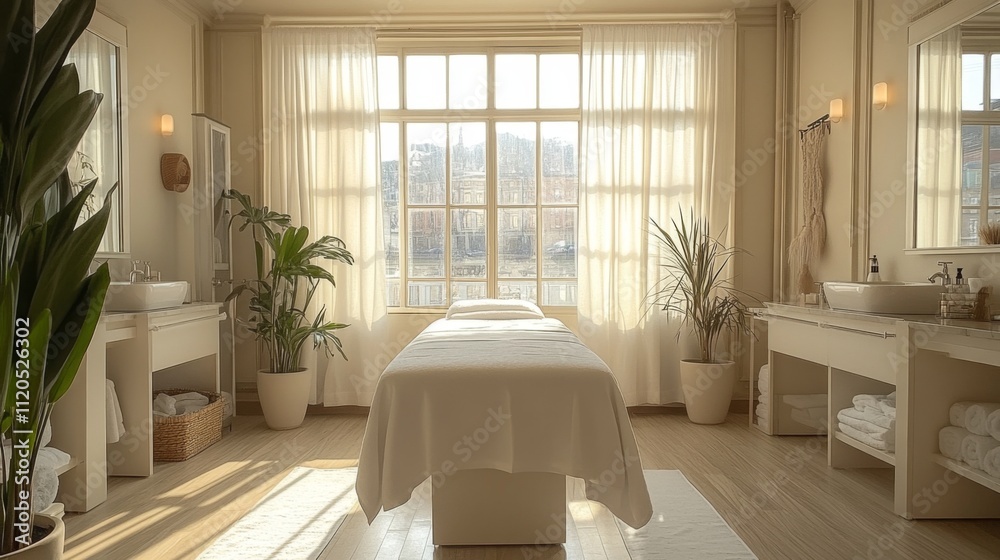 Poster a spa room features a massage table draped in white linen, surrounded by green plants and bathed in 