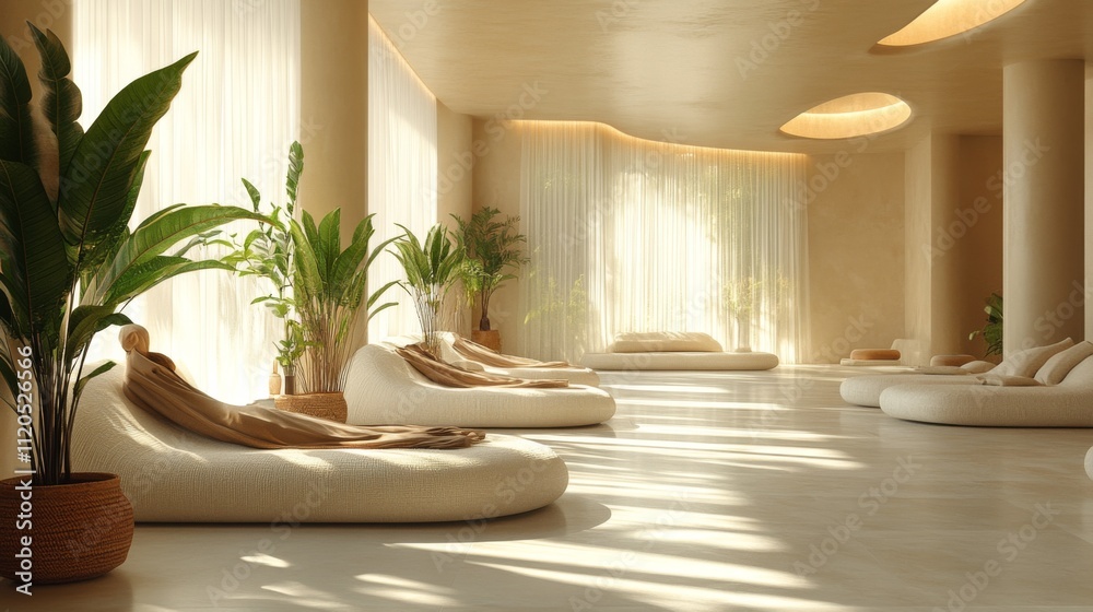 Poster a serene wellness area features soft furnishings and abundant greenery, illuminated by natural light