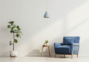 A blue armchair with a wooden frame. a side table with plants. and a potted fiddle leaf fig plant in front of a white wall with a pendant light