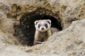 Fototapeta premium Curious Ferret Peeking Out of a Burrow