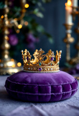 Fototapeta premium A golden crown on a purple velvet cushion, set in a luxurious, royal ambiance.