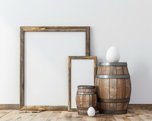 Two wooden barrels with an egg on top. two empty picture frames against a white wall and a wooden floor