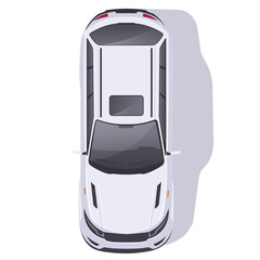 Top view of a modern white car outlined in clean, minimal style, placed on a plain white background. Concept of transportation and design. Vector illustration