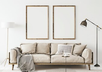 A minimalist living room with a beige sofa. two empty picture frames. and a floor lamp
