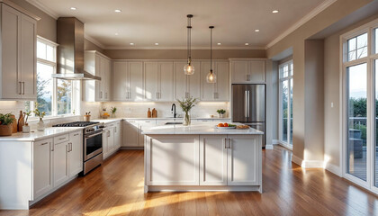 A luxurious kitchen with a spacious island, sleek counters, and modern design elements.

