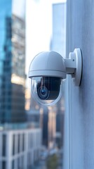 A close-up of an outdoor white security camera mounted on the side wall,