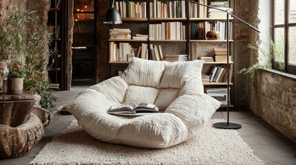 Cozy interior featuring a plush chair, book, and warm lighting in a rustic setting.