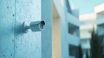 A close-up of an outdoor white security camera mounted on the side wall,