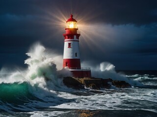 Obraz premium A glowing lighthouse standing strong amidst a raging sea, surrounded by crashing waves and illuminated by its guiding beacon in the storm