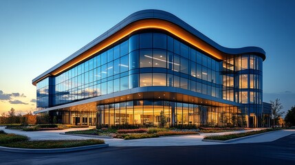 Modern glass office building at dusk, illuminated exterior, landscaping.